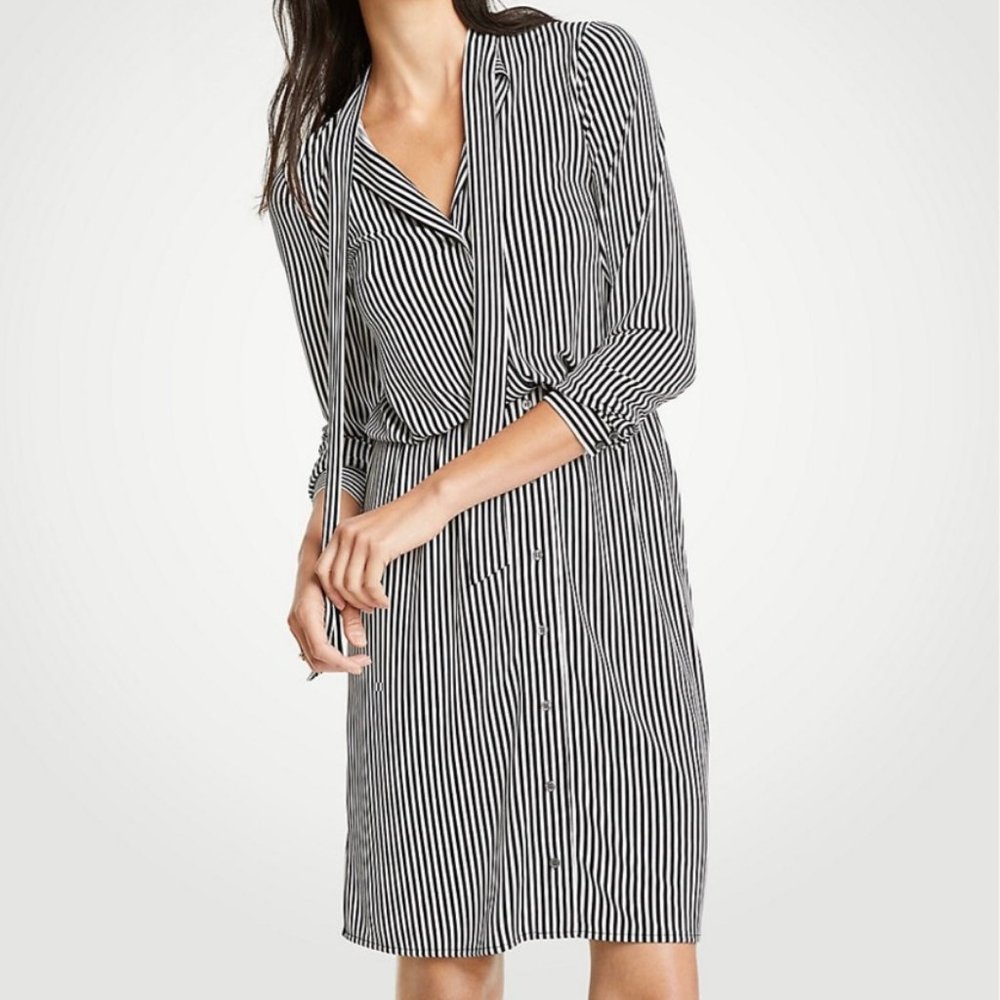 Tall Stripe Tie Neck Shirtdress - Ann Taylor